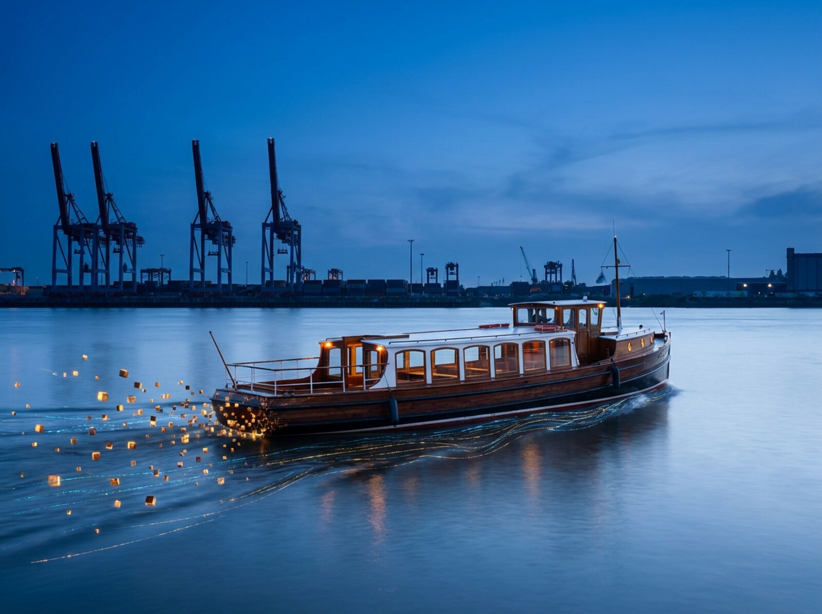 Eine Hafenbarkasse im Abendlicht vor den Landungsbrücken; das Kielwasser löst sich in leuchtende Datenlinien auf