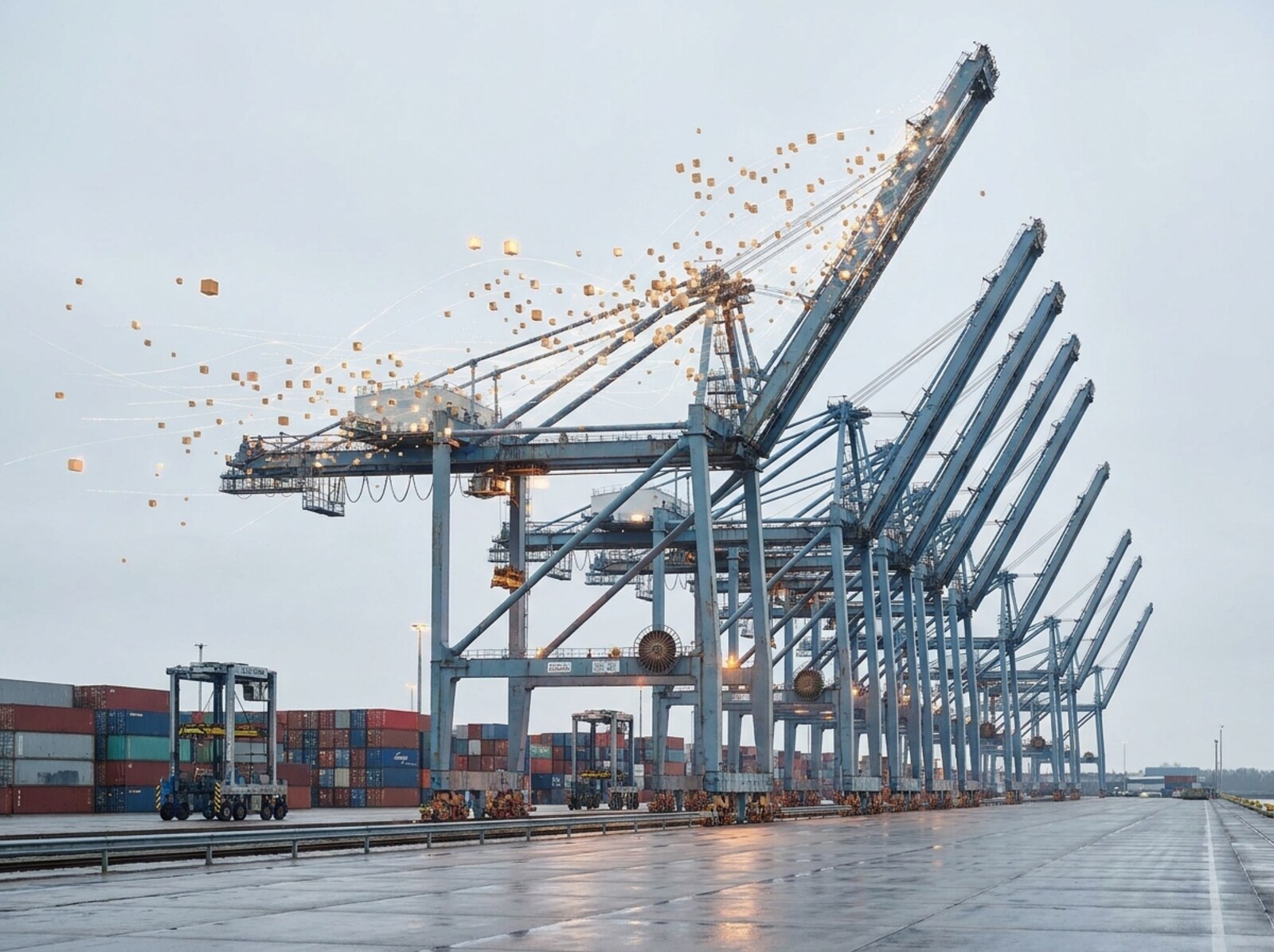 Containerbrücken am Burchardkai im Morgennebel; Teile der Kranausleger und der Ladung lösen sich in leuchtende Würfel und Datenlinien auf