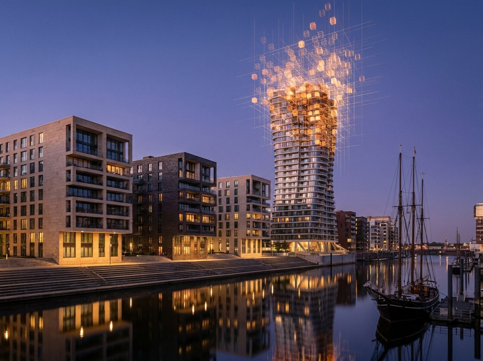 Die Hamburger HafenCity in der blauen Stunde; Teile der Fassaden lösen sich in ein Raster leuchtender Würfel und Datenlinien auf