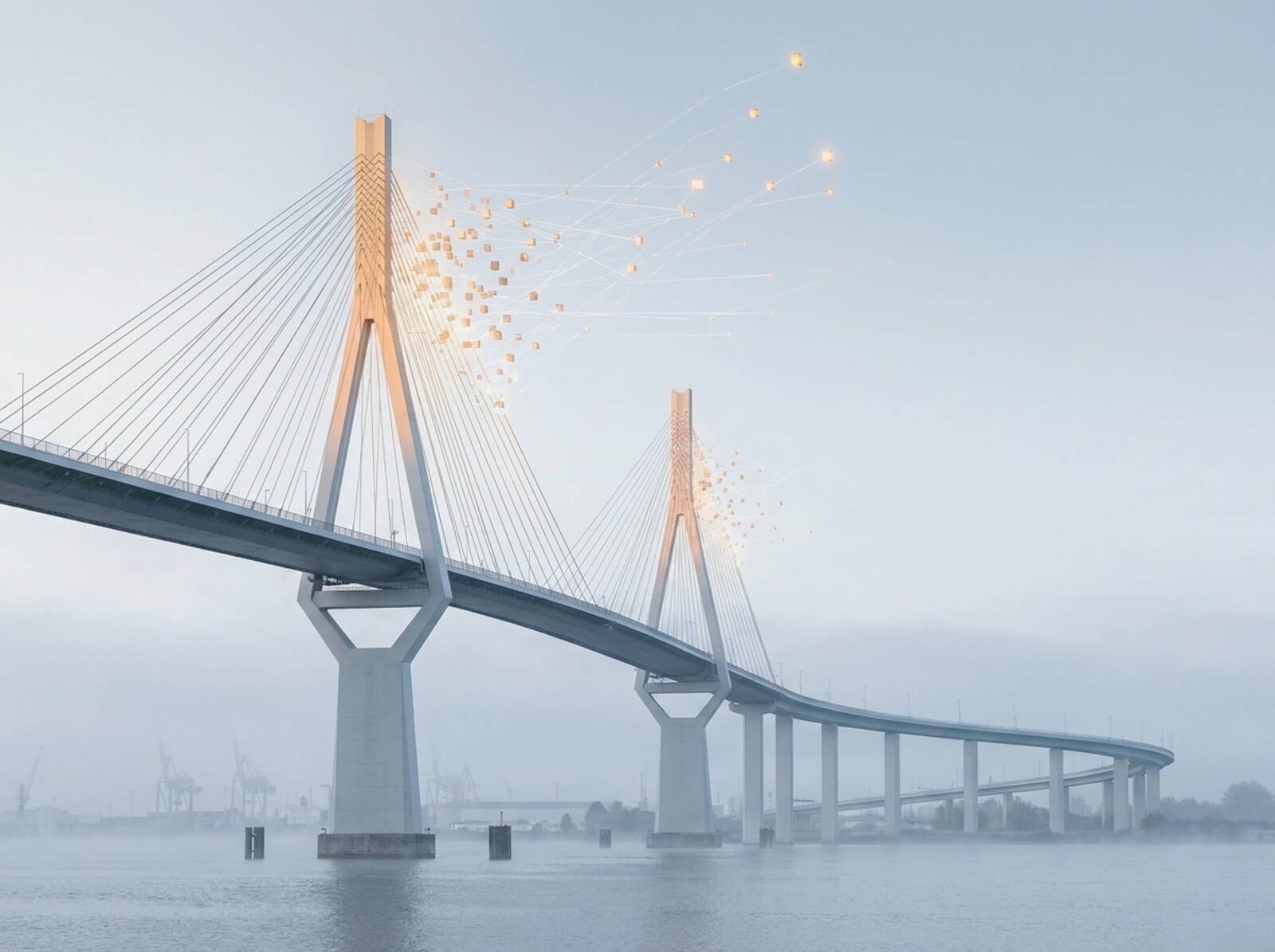 Die Köhlbrandbrücke im silbernen Morgennebel; die Spitze des vorderen Pylons löst sich in leuchtende Würfel und Datenlinien auf