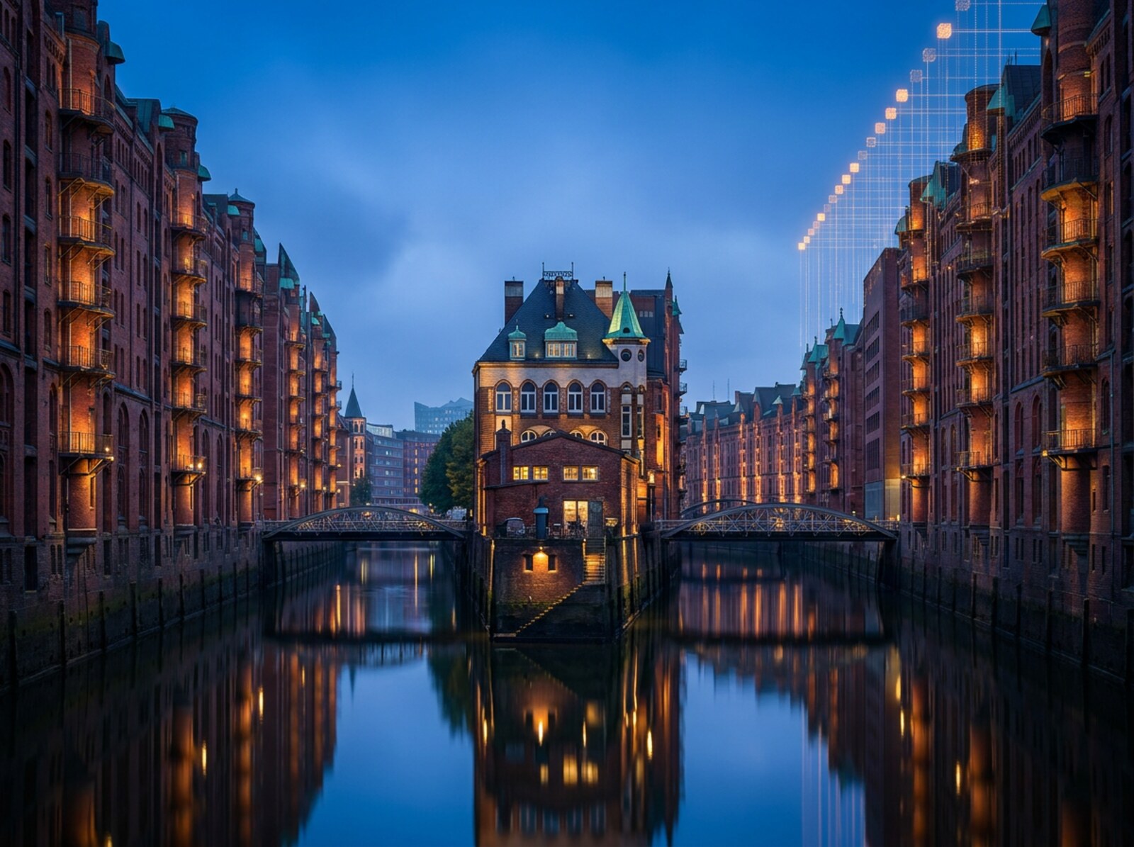Das Wasserschloss in der Hamburger Speicherstadt in der Dämmerung; ein Teil der Backsteinfassade löst sich in leuchtende Würfel und Datenlinien auf