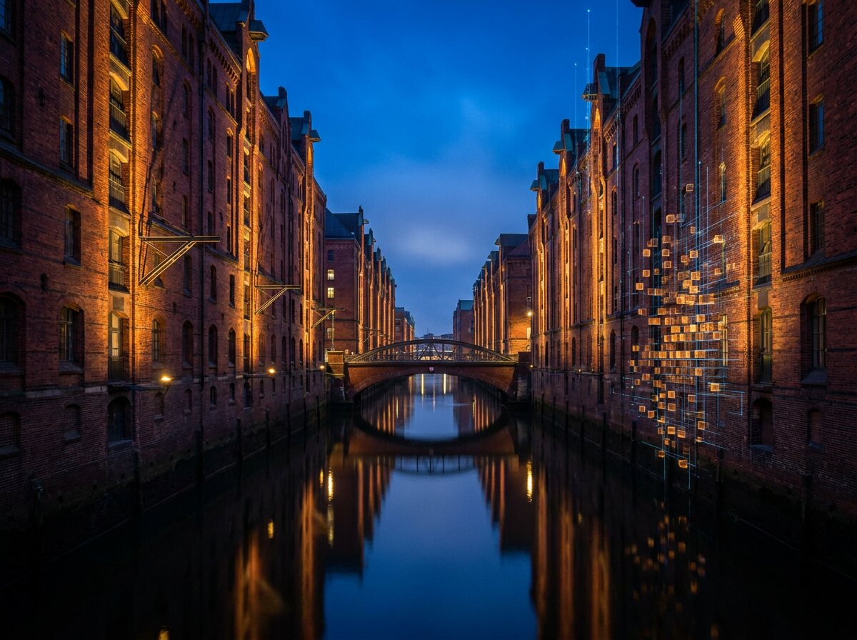 Der Zollkanal in Hamburg bei blauer Stunde; Brückengeländer und Wasserspiegelung lösen sich in leuchtende Datenlinien auf